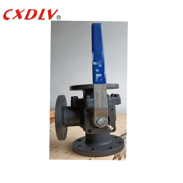 Karbon Steel 3 Way L-Port Flanged Ball Valve dengan ISO5211 Mounting Pad With Handle Lever JIS10K Connection